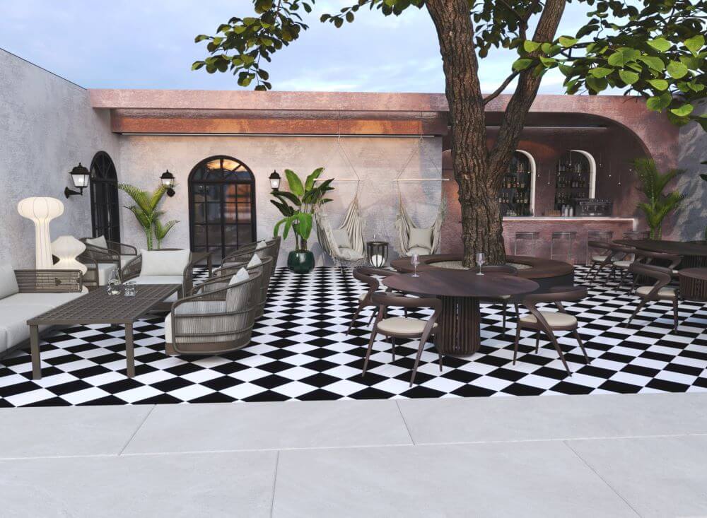 პავილიონ გარდენი | აუზის ზონა და მის გვერდით არსებული კაფე FORTIS-ის დიზაინით