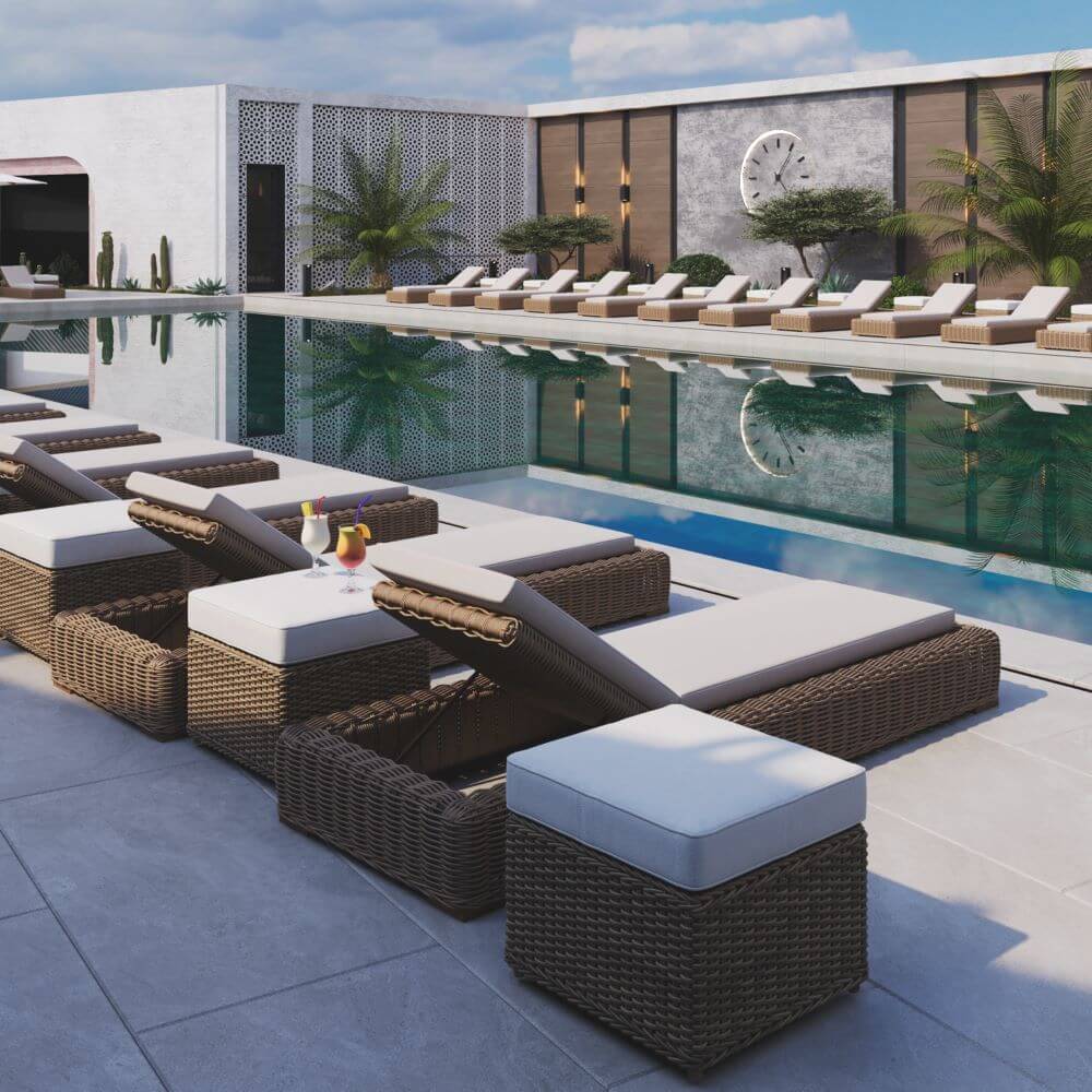 პავილიონ გარდენი | აუზის ზონა და მის გვერდით არსებული კაფე FORTIS-ის დიზაინით