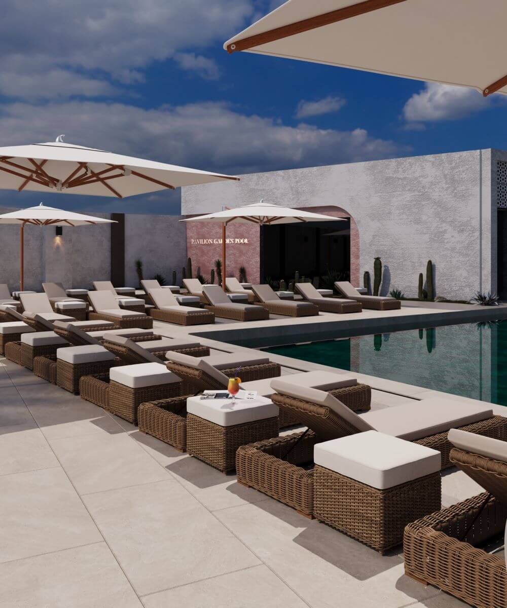 პავილიონ გარდენი | აუზის ზონა და მის გვერდით არსებული კაფე FORTIS-ის დიზაინით