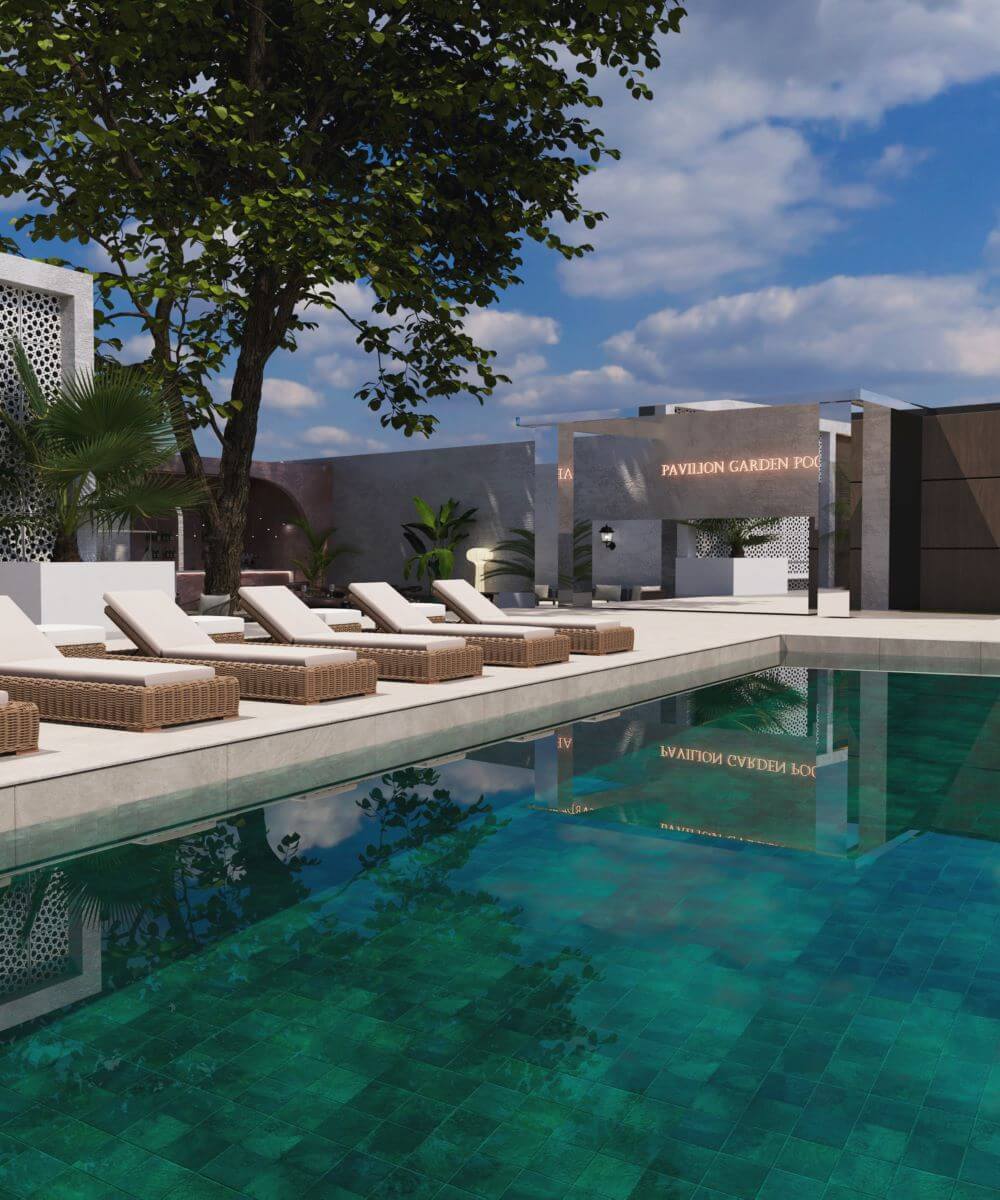 პავილიონ გარდენი | აუზის ზონა და მის გვერდით არსებული კაფე FORTIS-ის დიზაინით