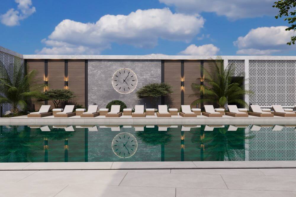 პავილიონ გარდენი | აუზის ზონა და მის გვერდით არსებული კაფე FORTIS-ის დიზაინით