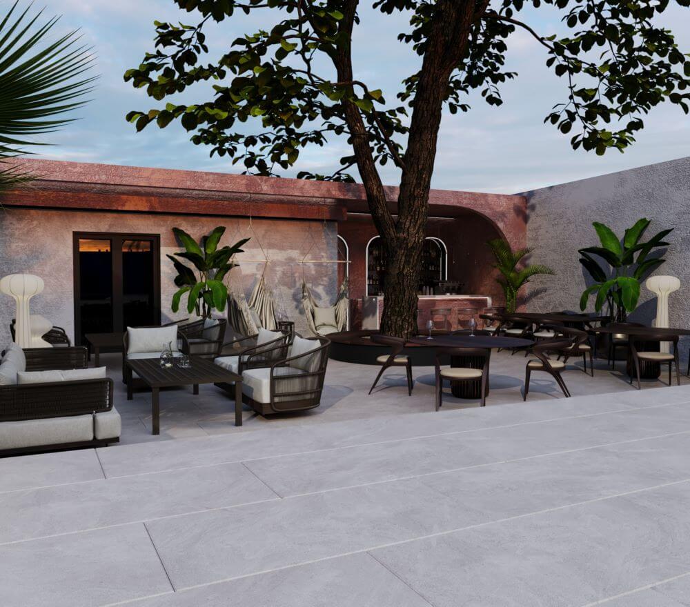 პავილიონ გარდენი | აუზის ზონა და მის გვერდით არსებული კაფე FORTIS-ის დიზაინით