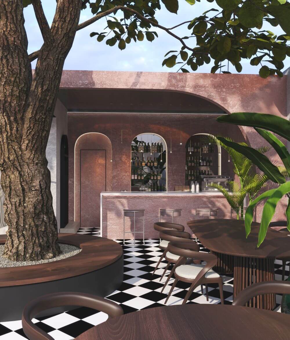 პავილიონ გარდენი | აუზის ზონა და მის გვერდით არსებული კაფე FORTIS-ის დიზაინით