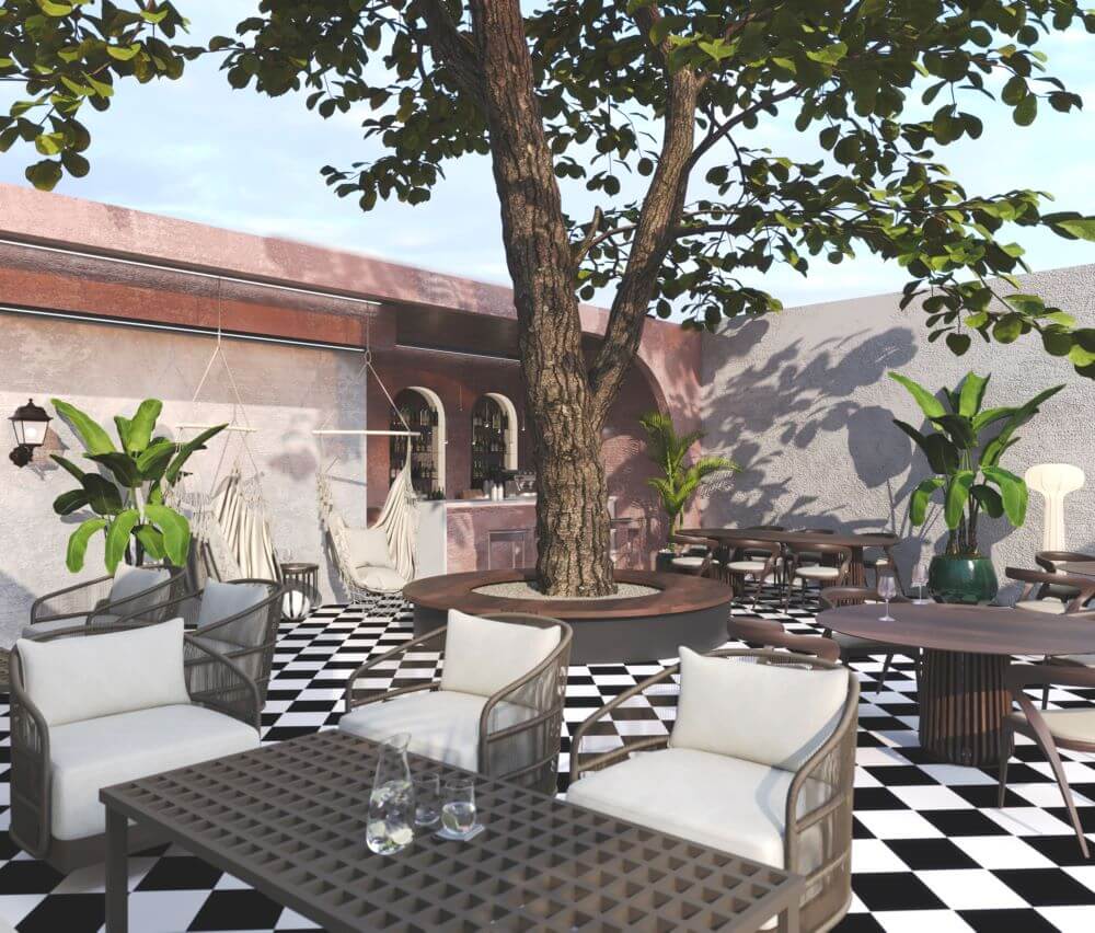 პავილიონ გარდენი | აუზის ზონა და მის გვერდით არსებული კაფე FORTIS-ის დიზაინით