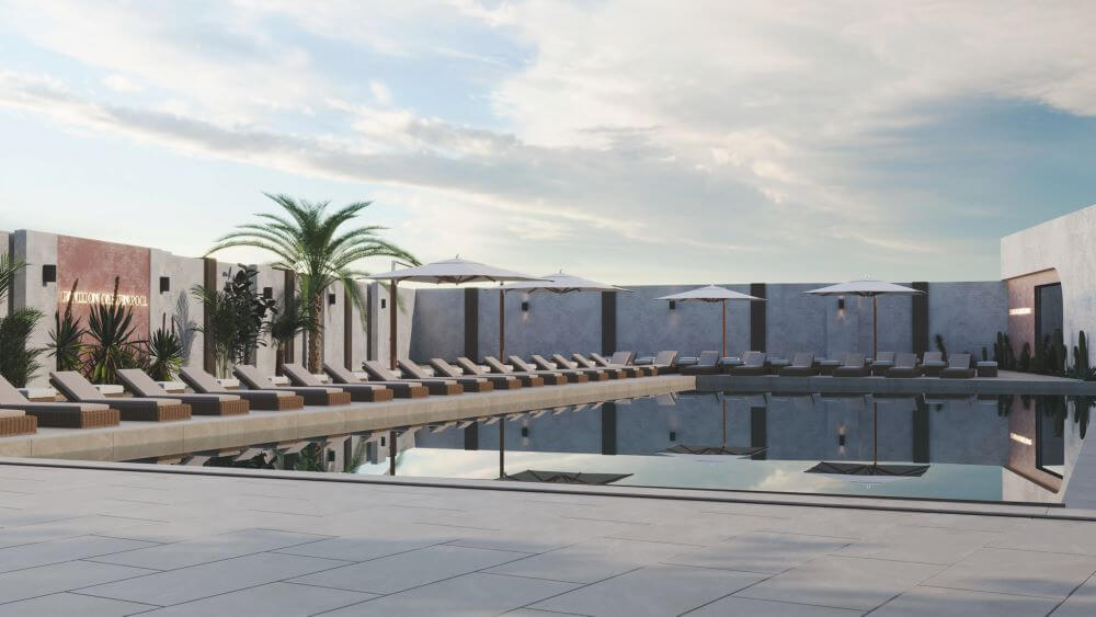 პავილიონ გარდენი | აუზის ზონა და მის გვერდით არსებული კაფე FORTIS-ის დიზაინით