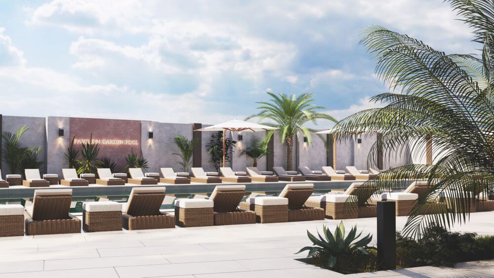 პავილიონ გარდენი | აუზის ზონა და მის გვერდით არსებული კაფე FORTIS-ის დიზაინით