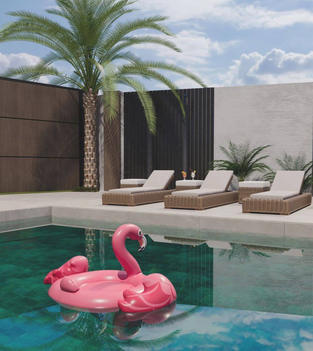 პავილიონ გარდენი | აუზის ზონა და მის გვერდით არსებული კაფე FORTIS-ის დიზაინით