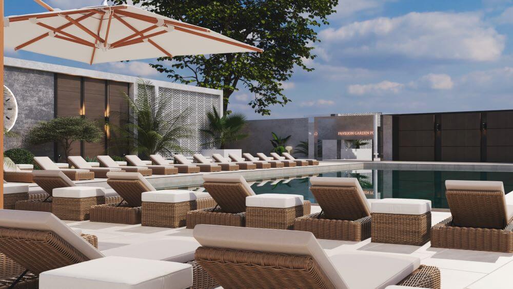 პავილიონ გარდენი | აუზის ზონა და მის გვერდით არსებული კაფე FORTIS-ის დიზაინით